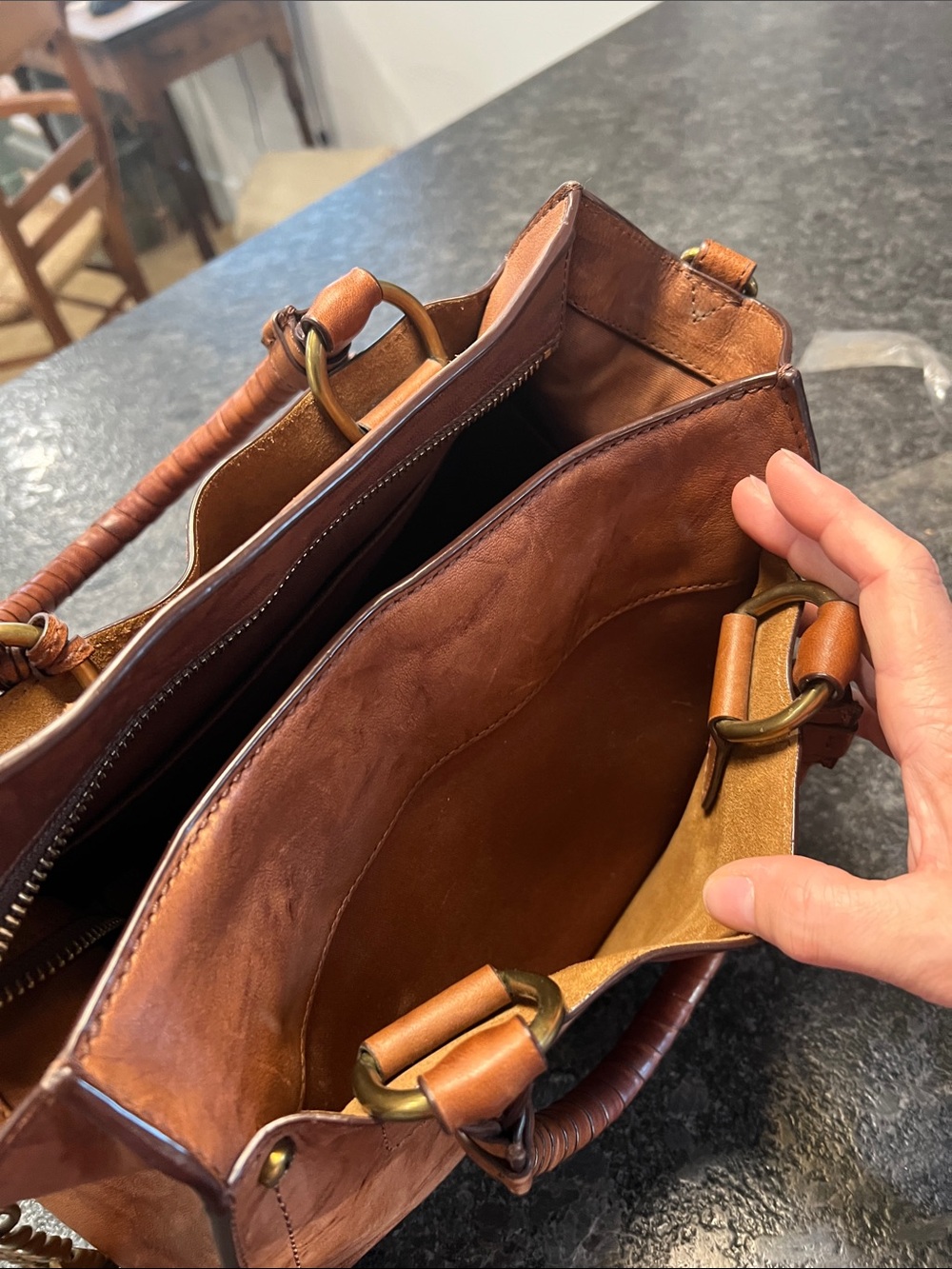 Frye Cognac Brown Leather Satchel with Chain-Leather Strap - Picture 4 of 16